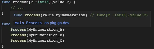 A screenshot of a compiler error when using the MyEnumeration type in the process function after adding ~